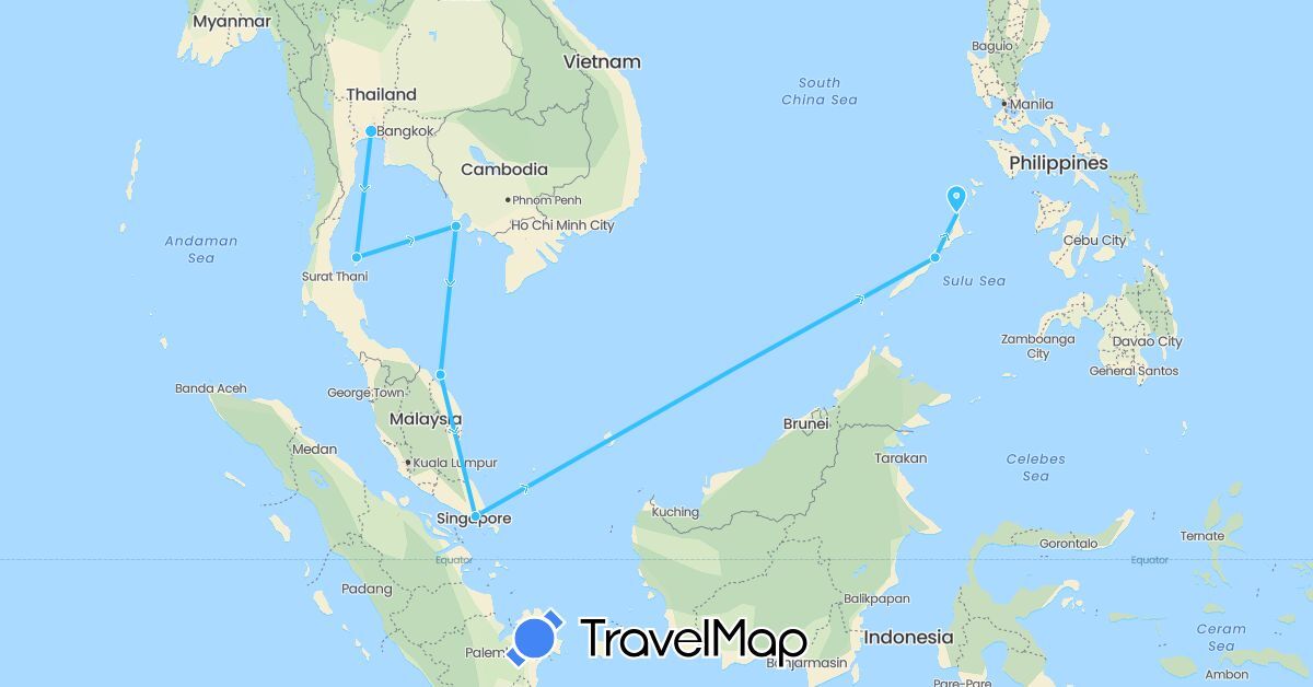 TravelMap itinerary: driving, boat in Cambodia, Malaysia, Philippines, Singapore, Thailand (Asia)